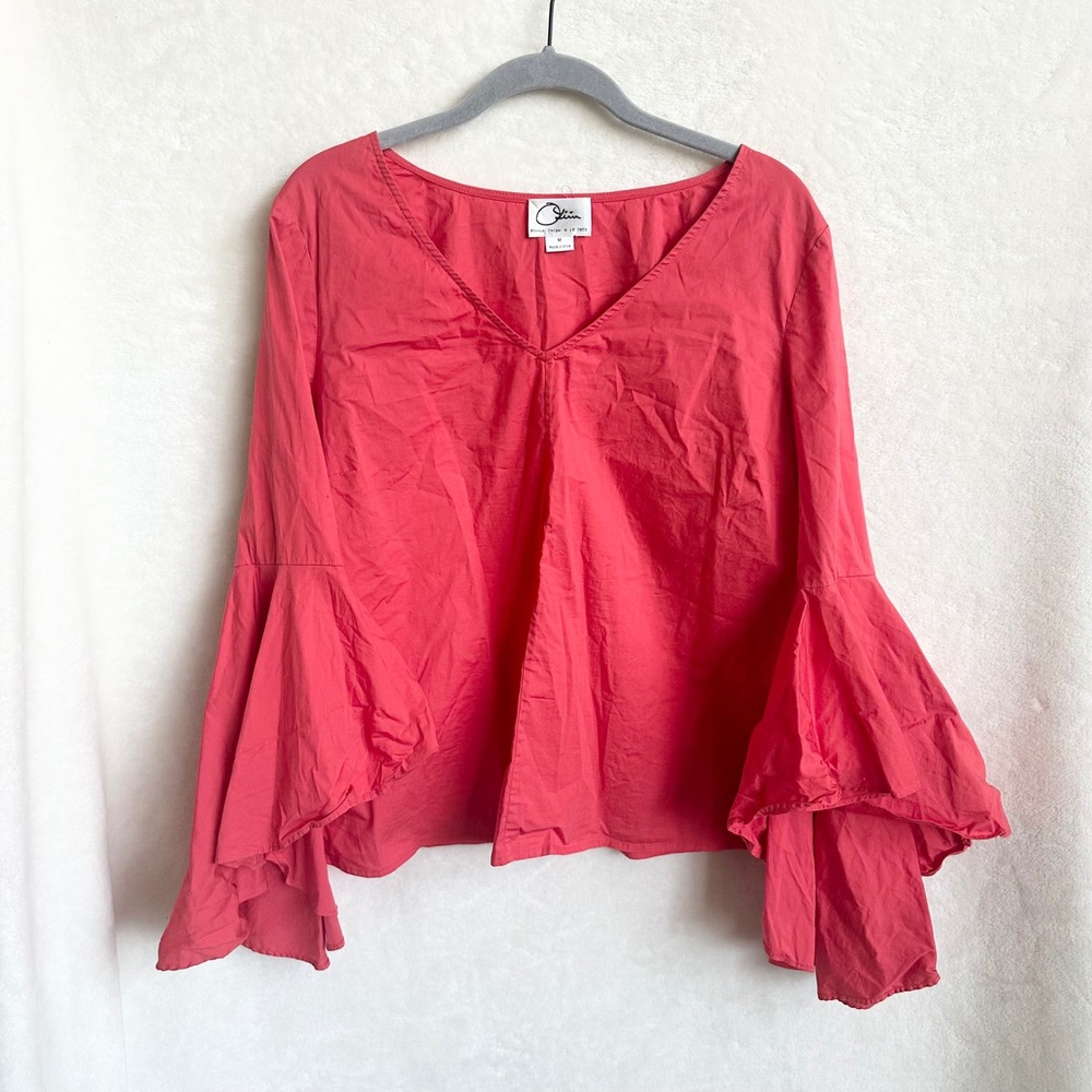 Olivia Culpo x Le Tote Bell Ruffle Sleeve V-Neck Cotton Top Coral Pink Medium